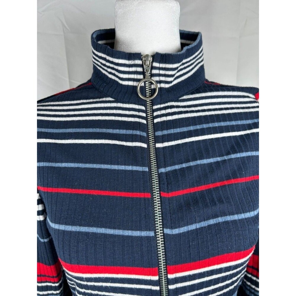 Venus Knit Striped Dress XS Blue Red White Full Zip Long Cardigan High Neck - Picture 2 of 10
